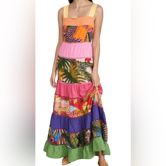 Farm Rio Rainbow Mixed Prints Maxi Dress Size Small Tiered Straps A Line Square - Picture 5 of 11